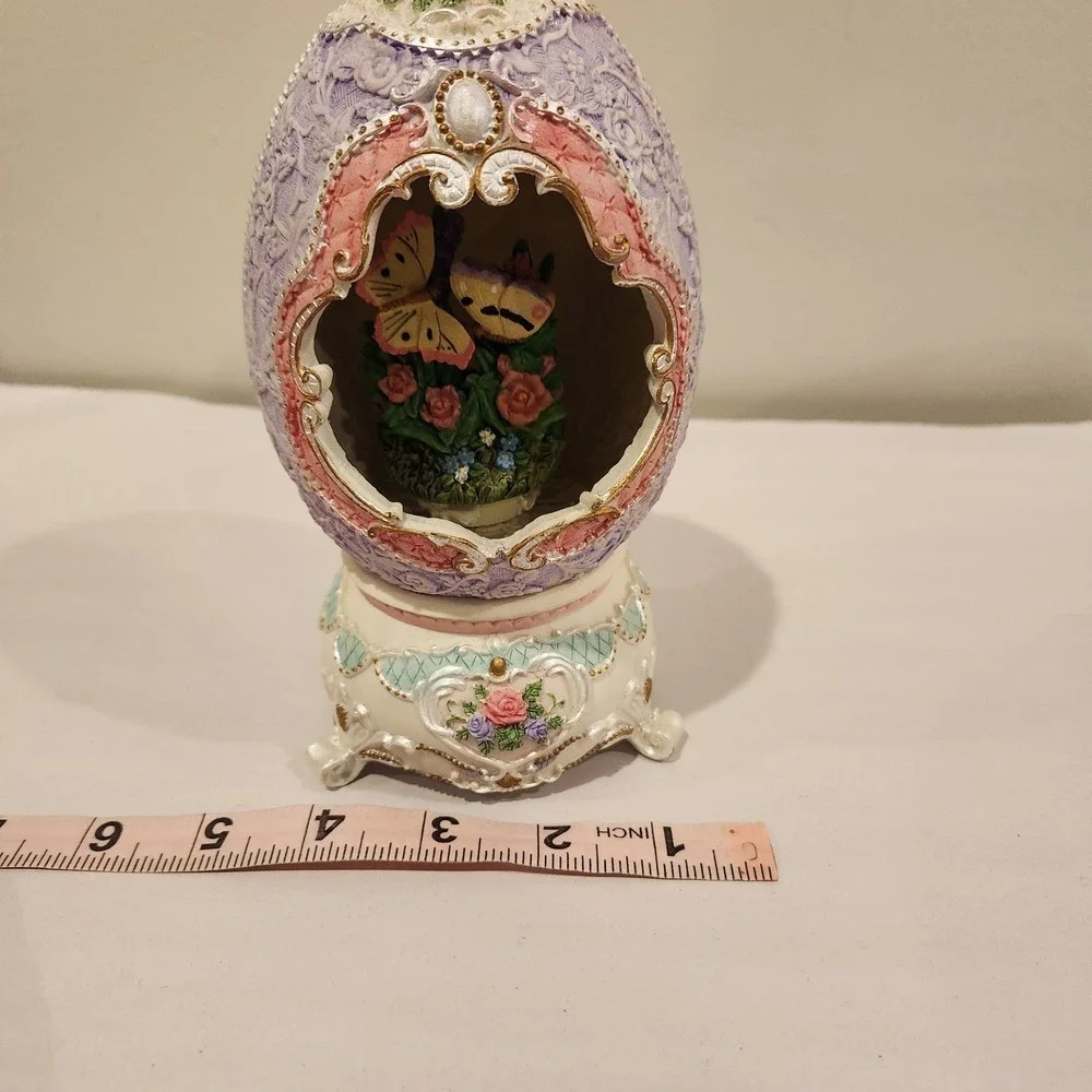 Vintage Victorian Butterfly Lavender Pedestal Egg Music Box  8in.
